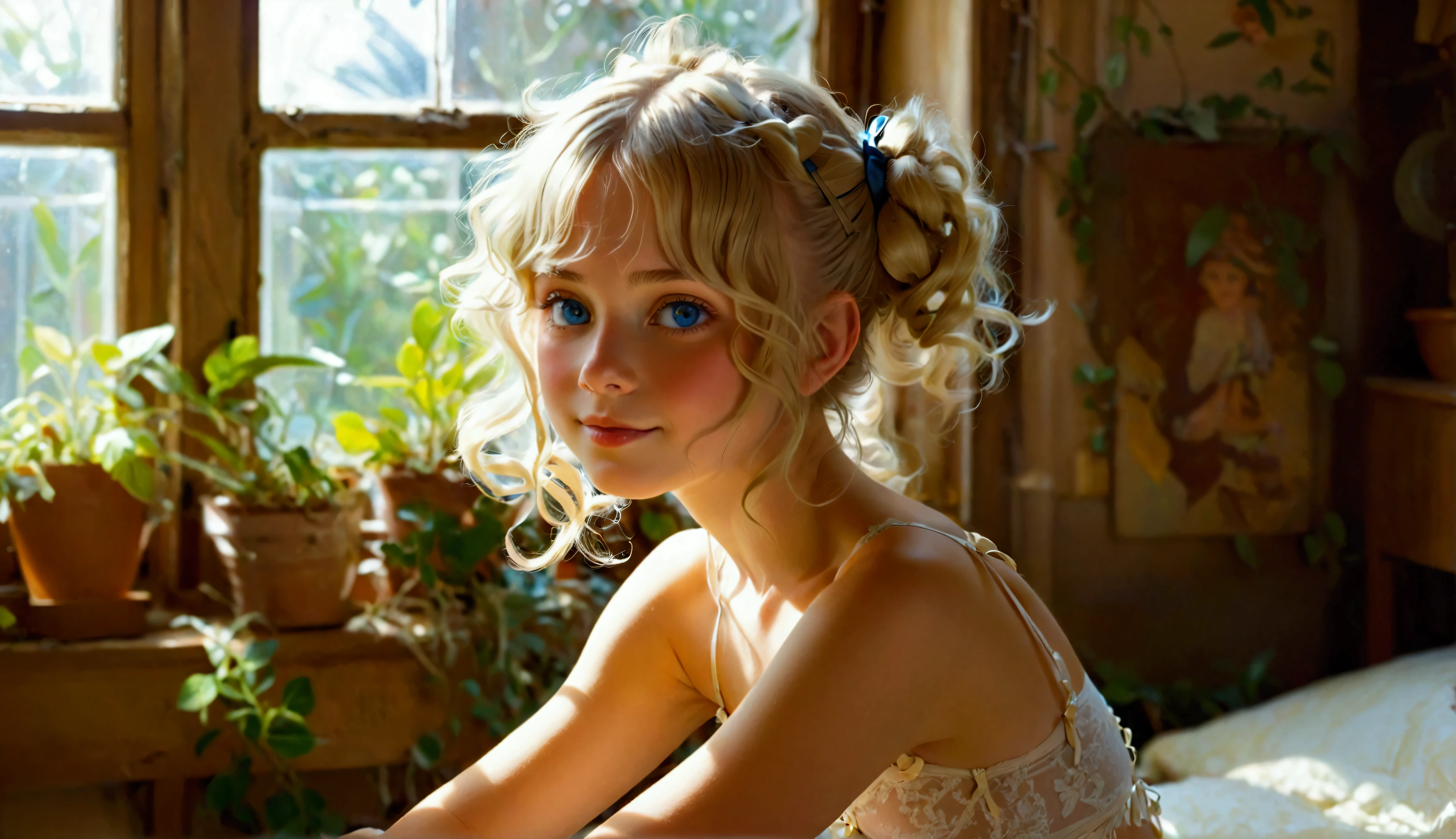 1 girl, ******, Wearing cotton panties, perfect face, petite and skinny, small breasts, blue eyes, light blonde hair, long curly hair, messy hair, twin tails, shy smile, ribbons, realistic, (cowboy shot), indoors, soft lighting, plants in background, window with sunlight, cozy room, relaxed pose, realistic, intricate details, warm colors, by Greg Rutkowski, by Alphonse Mucha Real image, hard nipples, seductive,