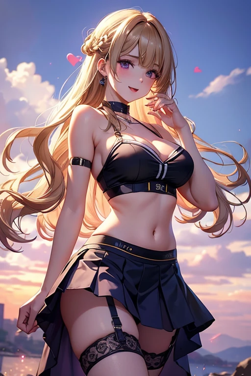 Cute anime girl, blonde, smiling, looking at viewer, skirt, beautiful face, beautiful hair, long hair, long legs, big thighs, big breasts, exposed belly button, blushing