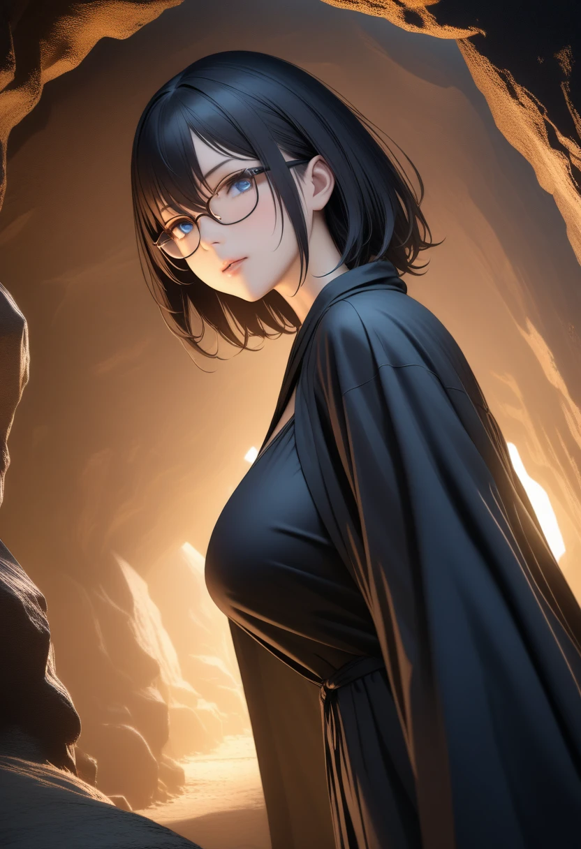 masterpiece,best quality,extremely detailed,high resolution(Photorealistic:1.1)black hair,medium hair,hair between eyes,blue eyes,Glasses,busty,robe,lace,cave,low brightness