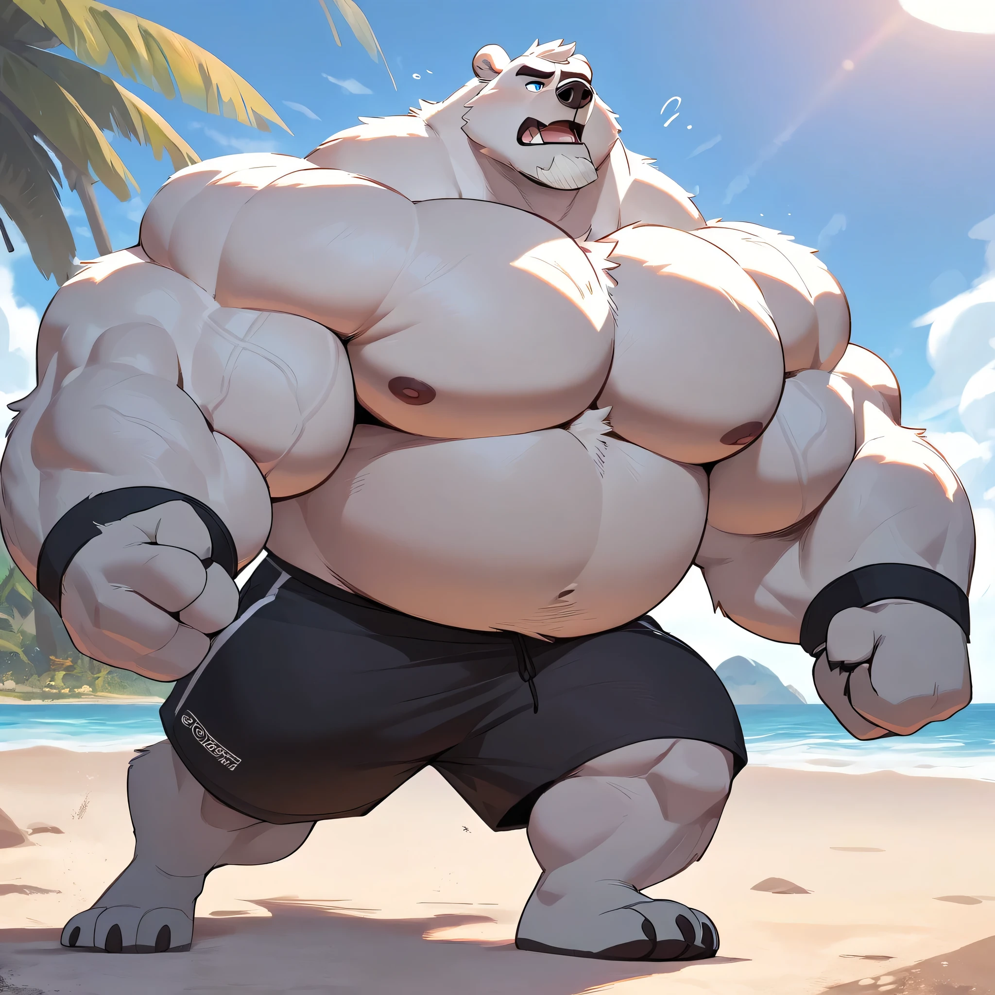 huge muscular polar bear in Tropical island beach, big grunting, flex growl, polar bear, huge white fur, thick arm, huge arm, huge white fur, thick arm, huge arm, added gray mustache, added gray beard, short white hair, height: 220cm, weight: 350lbs, (veiny bulked up muscular, pectoral, wide pectoral, thick bulky arms), Walt Disney 2D Zootopia Animation Art Style, detailed gray eyebrows, detailed eyes with blue pupils, (wearing black shorts, black wristbands, shirtless, topless and feet), bouncing his pecs, flexing his biceps and his thorax