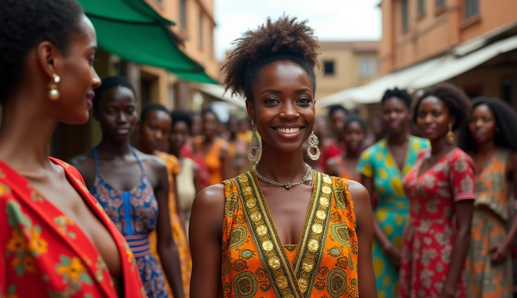 Generate an image of an African modern black woman curvy in an African wear going to parties with friends in a village setting
