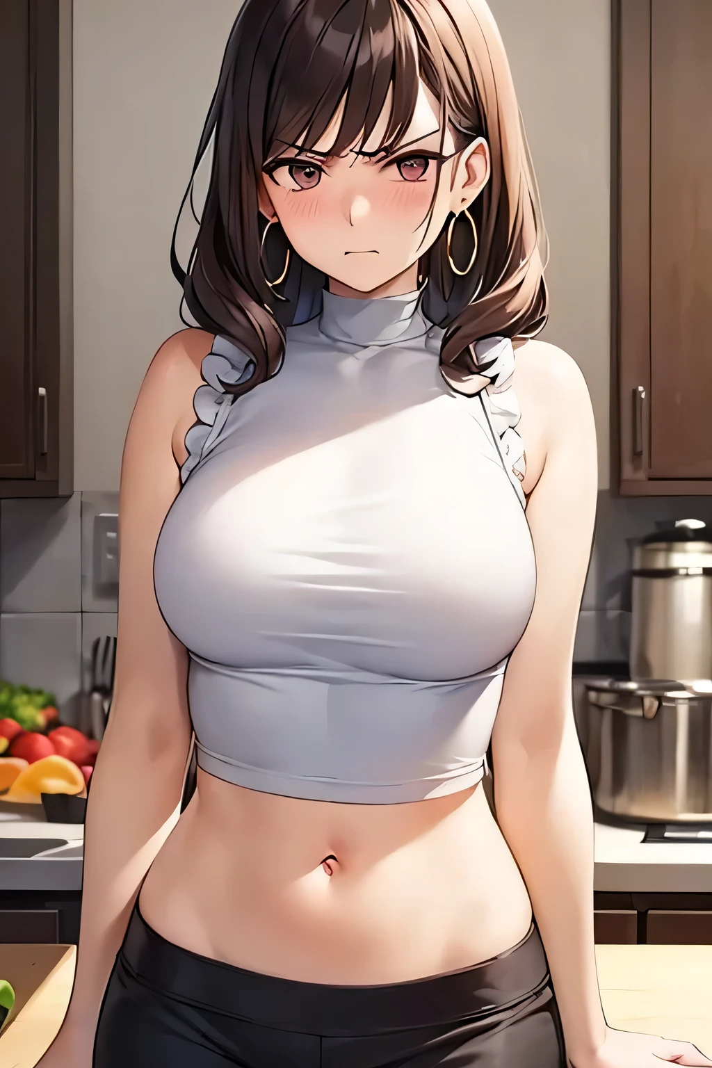 super fine illustration, vibrant colors, masterpiece, sharp focus, best quality, depth of field, cinematic lighting, ultra detailed, halterneck, crop top, dudou, high neck, orange pink shirt, sleeveless, dark brown business skirt, navel, tummy, 1 woman, solo, slender, full face blush, annoyed, mature female, tall woman, looking down, dark hair, annoyed, long curly hair, indoors, kitchen, bellybutton, frilled shirt, buffet, hand on own hip, bare shoulders, food on table, hoop earrings, 
