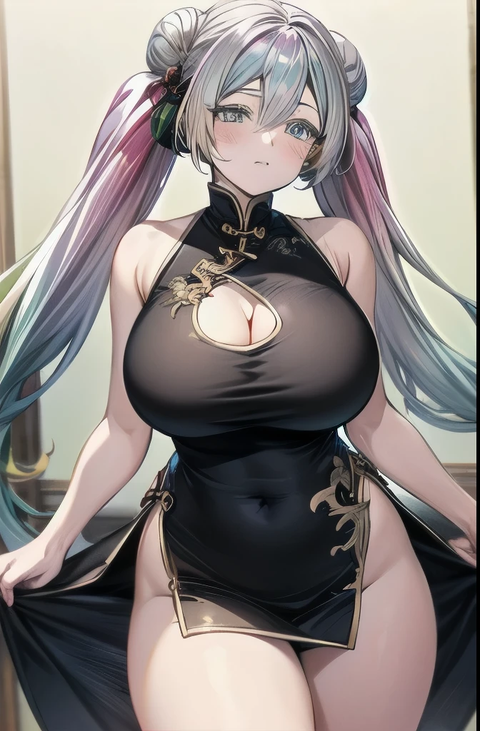 1girl, cupitan \(granblue fantasy\), large breasts, thighs, multicolored hair, multicolored eyes, gradient hair, twintails, bangs, low twintails, very long hair,chinese bun black short hair,bun cover,china dress, long dress,tight mini skirt, gold decoration dress, sleeveless, ultra detailed dress,cleavage, cleavage cutout, clothing cutout,