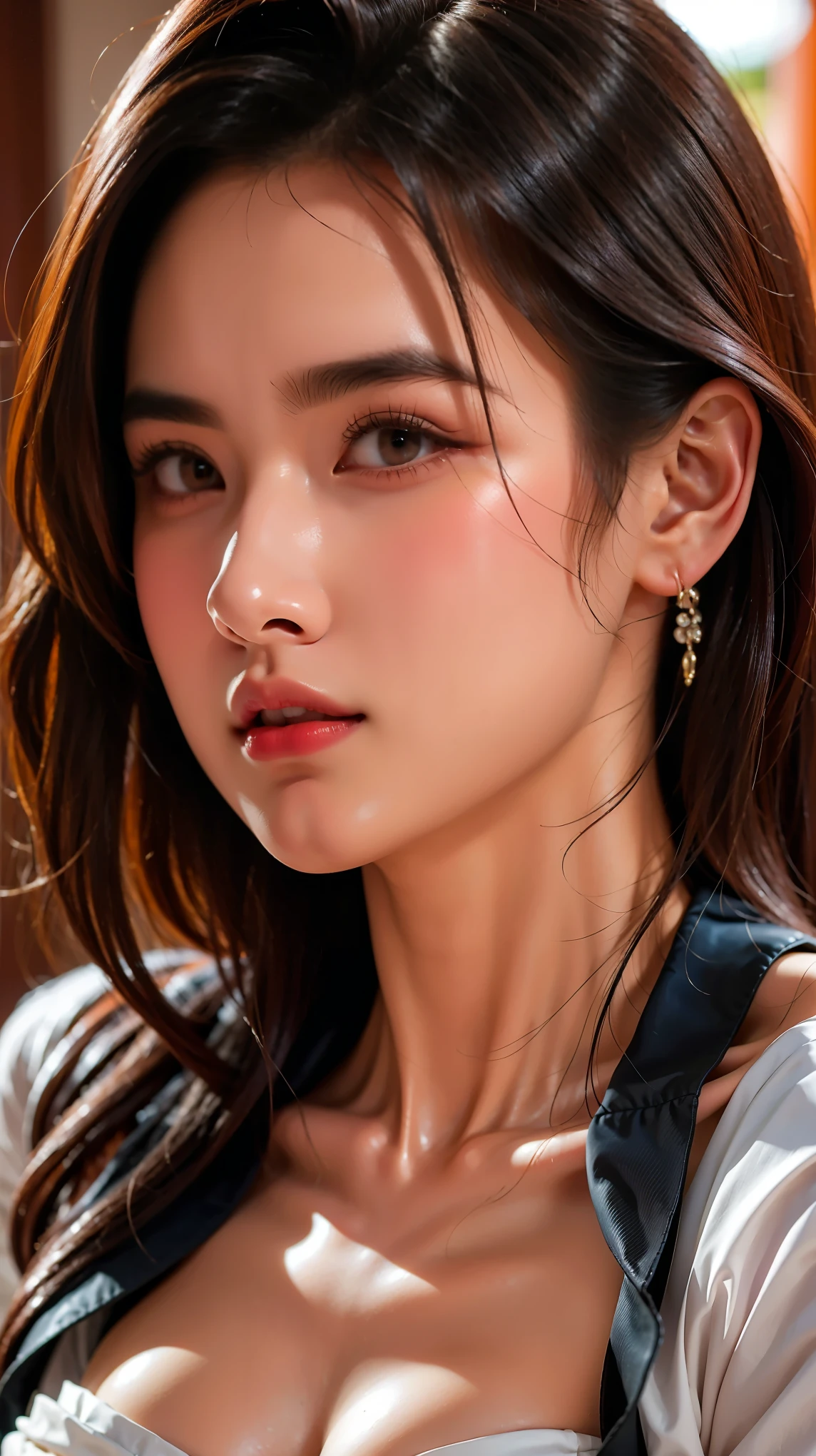 "Experience the allure of a 30-year-old beauty with hazel eyes and long, elegant hair. Her seductive eyes and long lashes will draw you in, while the ultra-realistic rendering will make you feel like you're looking at a photograph."