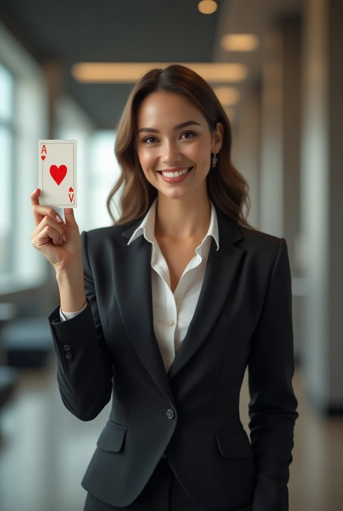 Girl in an office cubicle, in a black jacket and a white blouse, With Four of a Kind, spectacled, European appearance