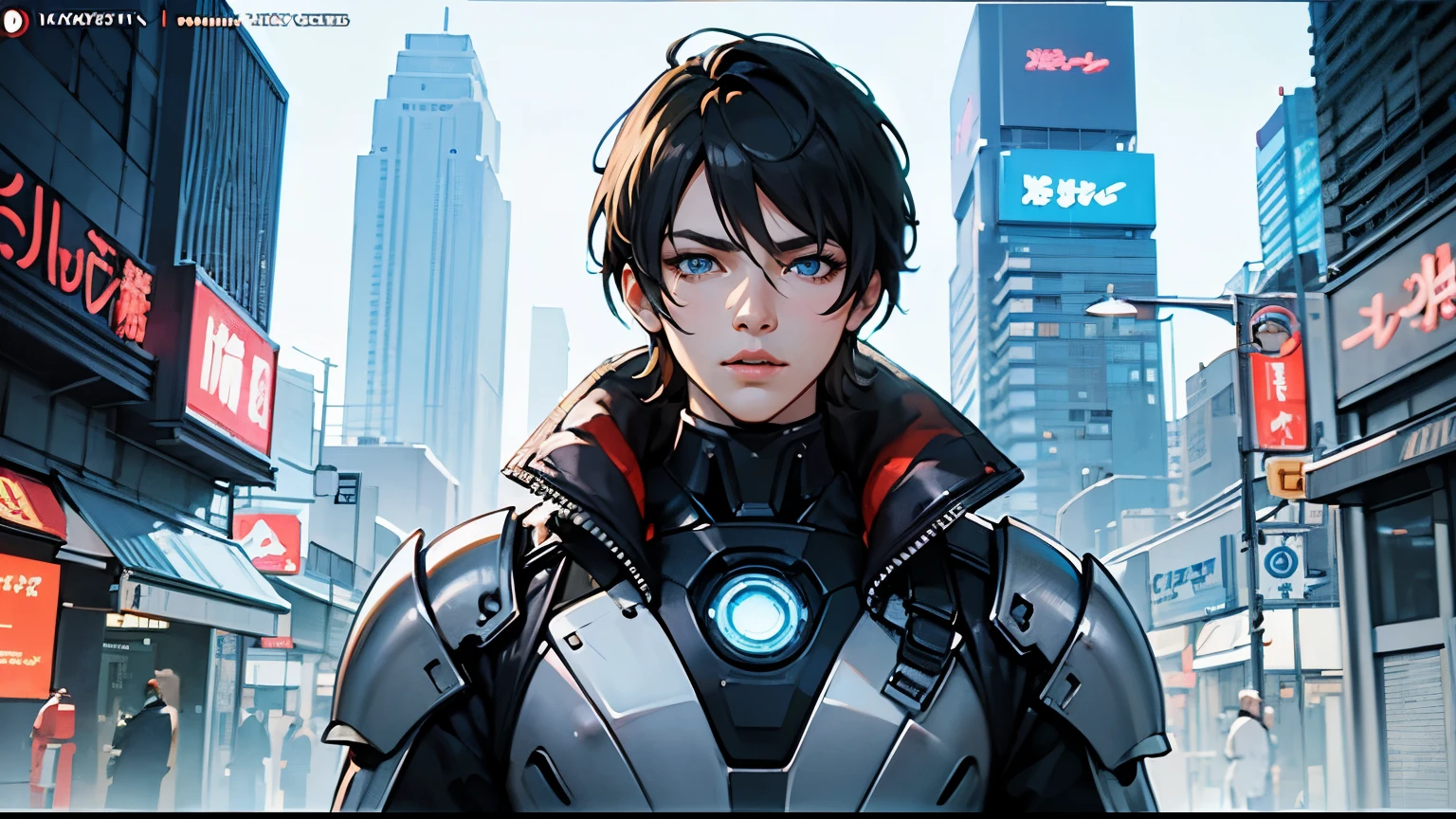 A serious-looking man with tousled black hair and vivid blue eyes, 1 man, extremely detailed face and eyes, beautiful detailed blue eyes, beautiful detailed lips, highly detailed intricate anime-inspired digital illustration, artgerm style, vibrant colorful palette, dramatic lighting, cinematic composition, high quality, 8k, best quality, photorealistic, masterpiece. digital cyberpunk anime!!, high detailed official artwork. （Comic Noir Style）、(linear art_anime)、（black-and-white） style,ink art. sci-fi, futuristic female, using a blue mecha pilot armor, Score_9, Score_8_up, Score_7_up, Score_6_up, Score_5_up, Score_4_up, Source_anime, Tag1, Tag2, Best quality, High quality, Detailed, High resolution, 8k, Ultra high res, Soft saturation, Professional quality, Perfect contrast, Perfect litthing, Anatomically correct.