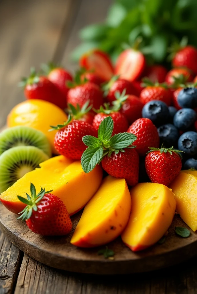 A beautifully arranged platter of vibrant, fresh fruits, including juicy strawberries, ripe mangoes, kiwi slices, and blueberries, artfully placed on a rustic wooden table. A sprig of mint adds a pop of green, and soft natural light enhances the colors, making the fruits look incredibly appetizing.

