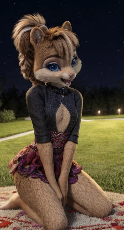 Brittany_Miller, One, chipmunk, fluffy,feminine,young, perfect breasts ,fur detailing, 3d Model,  walk in the evening, Park, moon , star star ,  kneeling , On the grass,  evening outfit ,  looks at the viewer, slight smile, sexy body , 18+, scared, panic ,light erotica, Model,  small round chest ,tail sticking out  , fluffy, (a little bit full:0.3), Cute, (small ears), (short muzzle),  long slanting bangs ,  long hair with the back on a bun clip,grey-blue eyes, eye makeup  , eyes closed , beautiful eyes, intimate,кружевное розовое intimateное платье , detailed fur, perfect teeth,slightly flirty , Beautiful Look,  outrage 