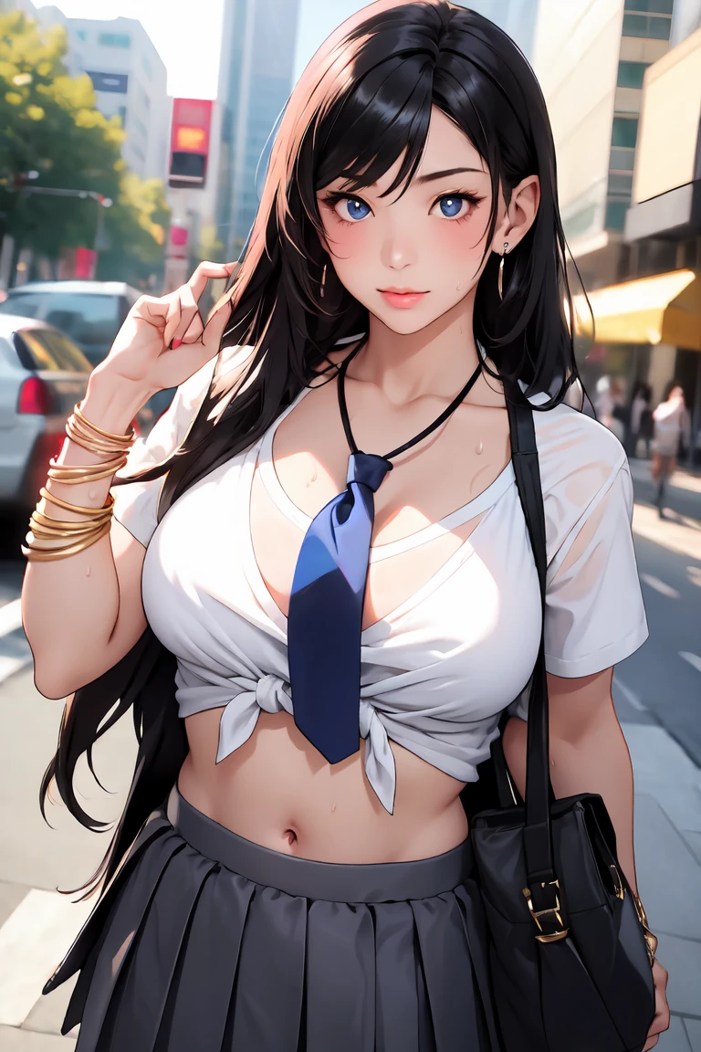 masterpiece, Best Quality, Hotel, One Girl, Alone, Chest, Chestの谷間, Long Hair,  WHITE HEADBAND ,  split bangs , blue eyes,  viewers, sweat, large Chest,  collared shirt, tie shirt,  pleated skirt , flashyな修正, happy, flashy,Too many accessories, colorful , Kogal, Kogal gyaru, necklace,  earrings, bracelet, Good handbag, belly button, abdomen, (Compensate)