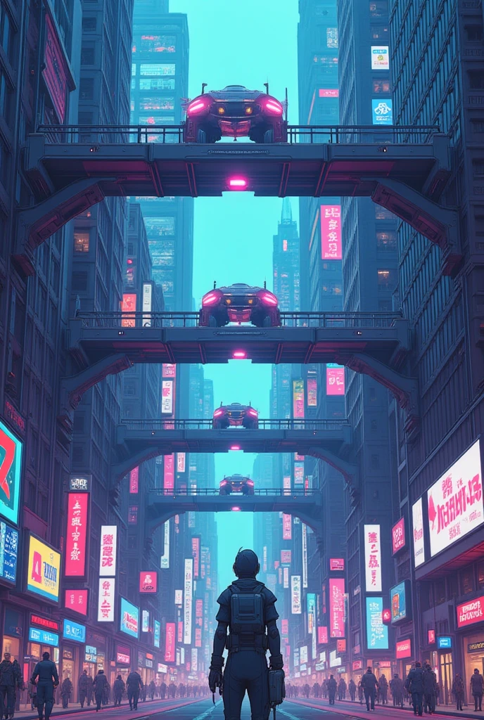 Cybanime,A futuristic underground metropolis thriving beneath the surface, with sleek, metallic skyscrapers and neon lights illuminating the city streets. Advanced transportation systems with hovering vehicles crisscross above, while people in futuristic clothing bustle through the streets. 
