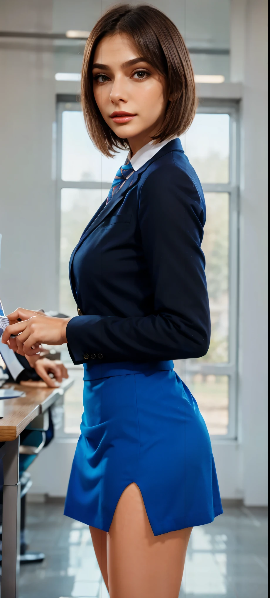 (Portrait), ((fear: 1,3)),  ((afraid: 1,6)), (face focus). A young high school student standing, dressed in school uniform, (bob hairstyle). The student appears from the front, reflecting a confident and serene posture. The scene uses bright, vibrant colors to create an energetic atmosphere. The portrait format captures the full figure of the student, highlighting both her profile and the dynamism of the surroundings.