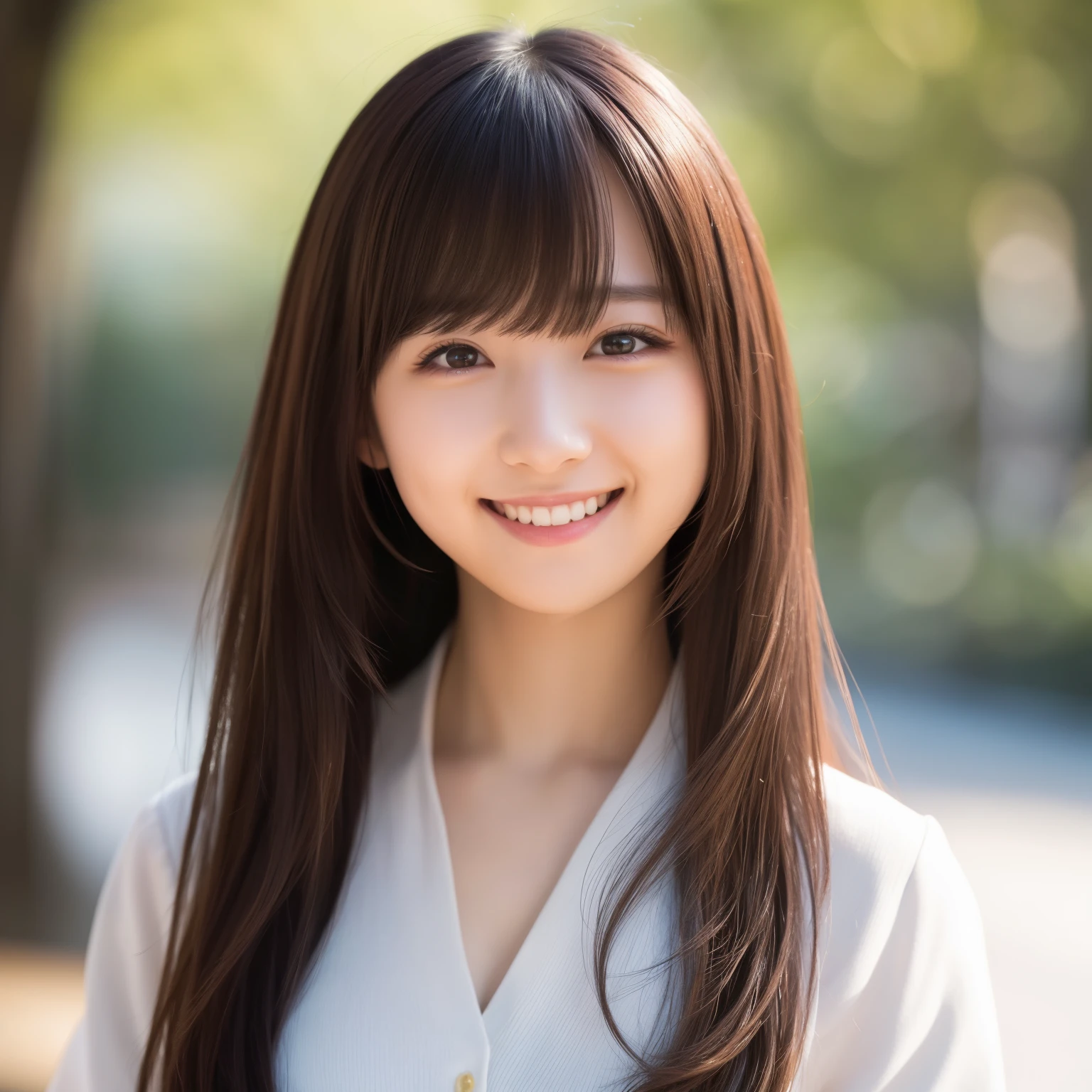 best quality, actual, super detailed, finely, high resolution, 8k wallpaper, 1 cute japanese girl,long hair , 24yo,choppy bangs, ((slender)),((portrait)),((smiling))