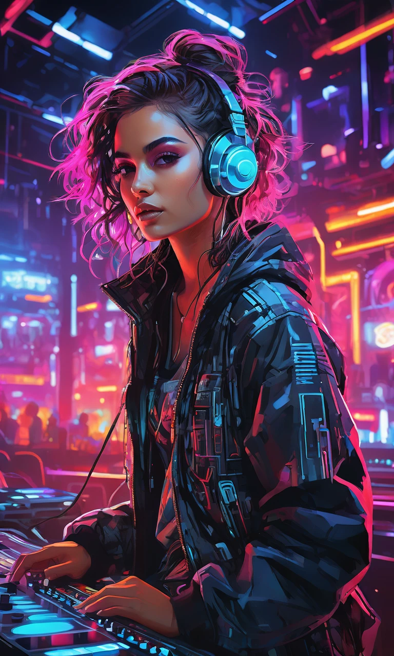 xsgb,Portrait,1girl,Pakistani, Full-body shot, Dynamic,(Cybernetic DJ),(Mixing music in a futuristic club:1.2),(Glowing neon lights:1.1),a dynamic portrait of a cybernetic DJ mixing music in a futuristic club with glowing neon lights,(Holographic turntables),(Crowd dancing in the background),(Energetic atmosphere:1.3),capturing the energy of a futuristic nightlife.,