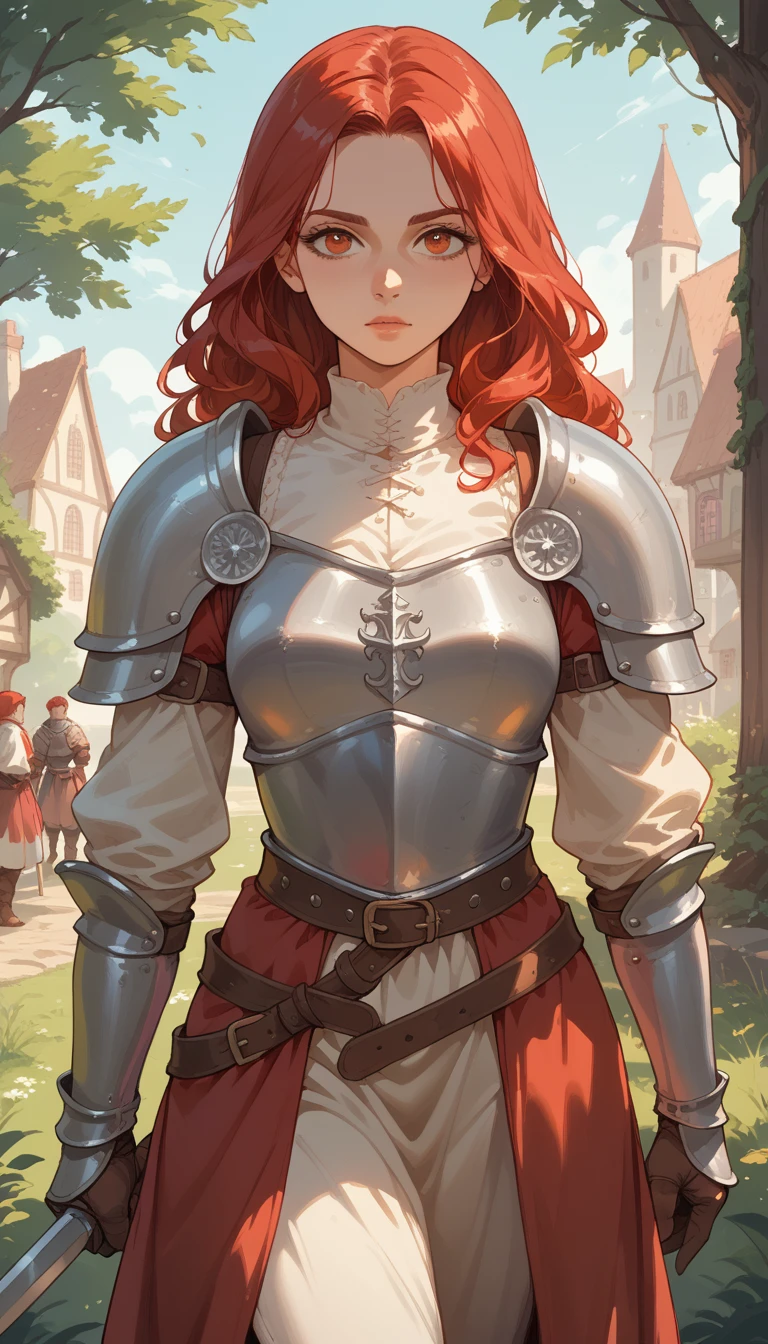 A young medieval style warrior, red hair, sexy body, armor, costume, 