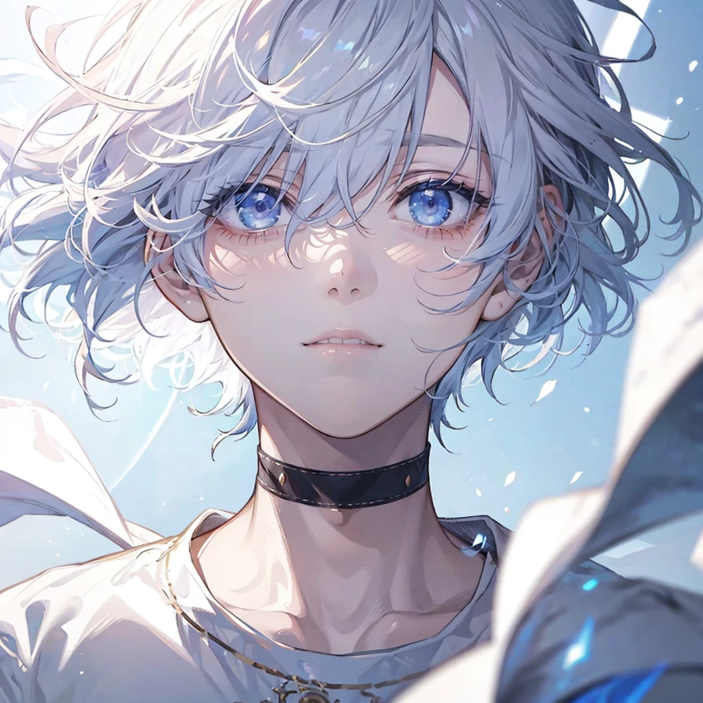 1 boy, Alone, a man, Innocent Expression, Eyebrow Slight , short hair, masculine anime character, short snow-white hair, blue eyes, sharp facial features, slightly widened eyes, gentle gaze, focus on eye and nose bridge, eye close-up shot, vivid gemstone-like eye, high saturation vibrant colors, Parted Lips,  hyper-detailed iris with reflections, reflective textures, glowing ornaments, celestial lighting, masculine elegance, defined cheekbones, sharp nose bridge, shimmering light effects, ethereal atmosphere, holy or divine theme, mystical aura, clear eyes, halo light glow, macro shot of eye and nose, one eye visible with sharp nose bridge, vibrant sharp eyes, wide-eyed innocence, eyebrows slightly raised, soft expression #male #High resolution for men, masterpiece, best quality, high detail,  is very detailed,  Ultra HD, 