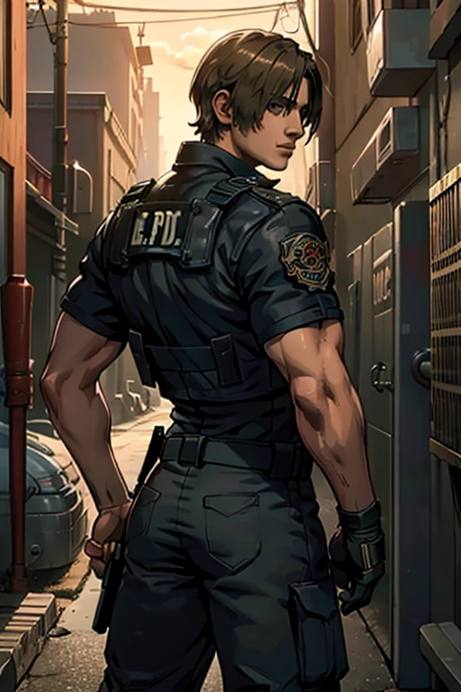 (Highly detailed CG), (Best Quality), (Highly detailed CG), (Best Quality), Back Alley,Leon S. Kennedy, SWAT Clothing, Beautiful and attractive young man, Lean and muscular