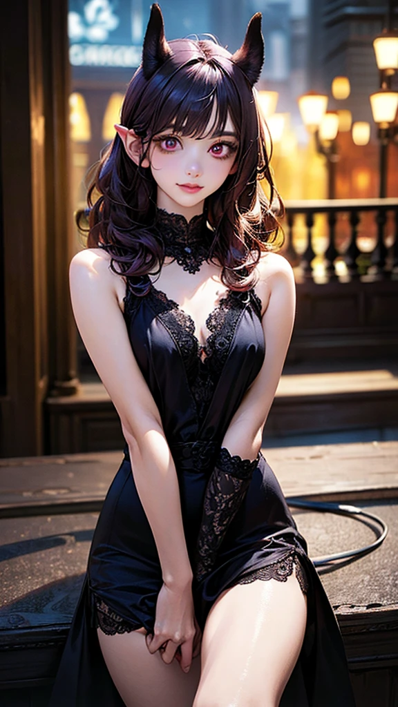Masterpiece, Best quality, Night, Moon, Beautiful detailed sky, Realistic, Real, Huge_filesize, the wallpaper, Girl, Medium hair, whaite hair, curly_Hair, Hair accessories Hair bow, shairband, leaf hair ornament, Tentacle hair, view the viewer, eyeball, Small breasts, shirt, Miniskirt, White pantyhose, panties under pantyhose, Elbow gloves , Collar, Earrings, jewelry, Spread legs, Crossed_Legs,