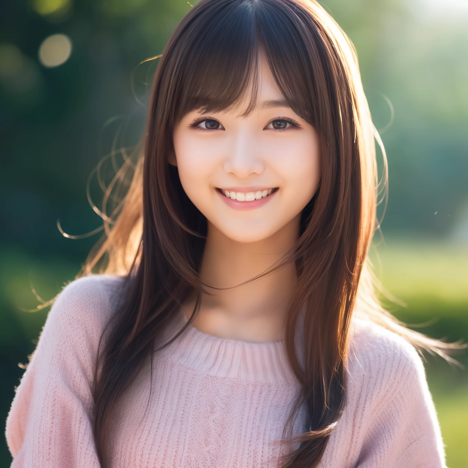 best quality, actual, super detailed, finely, high resolution, 8k wallpaper, 1 cute japanese girl,long hair , 24yo,choppy bangs, ((slender)),((portrait)),((smiling))