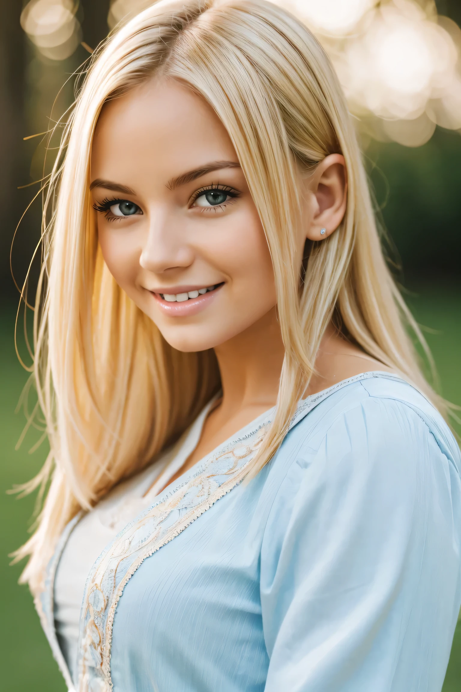 Photo of blonde girl, smiling, face, facing the viewer, thorough, simulated style, eye focus, highest quality, (very detailed skin), perfect face, baby fat, skin pores, (Bokeh: 0.6), clear focus, point lighting, (backlight: 0.7), film texture, shot on SONY A7R IV, 18mm F/1.7 film lens, (very detailed, intricate detail), 8k, HDR, front view, (upper body: 0.9)