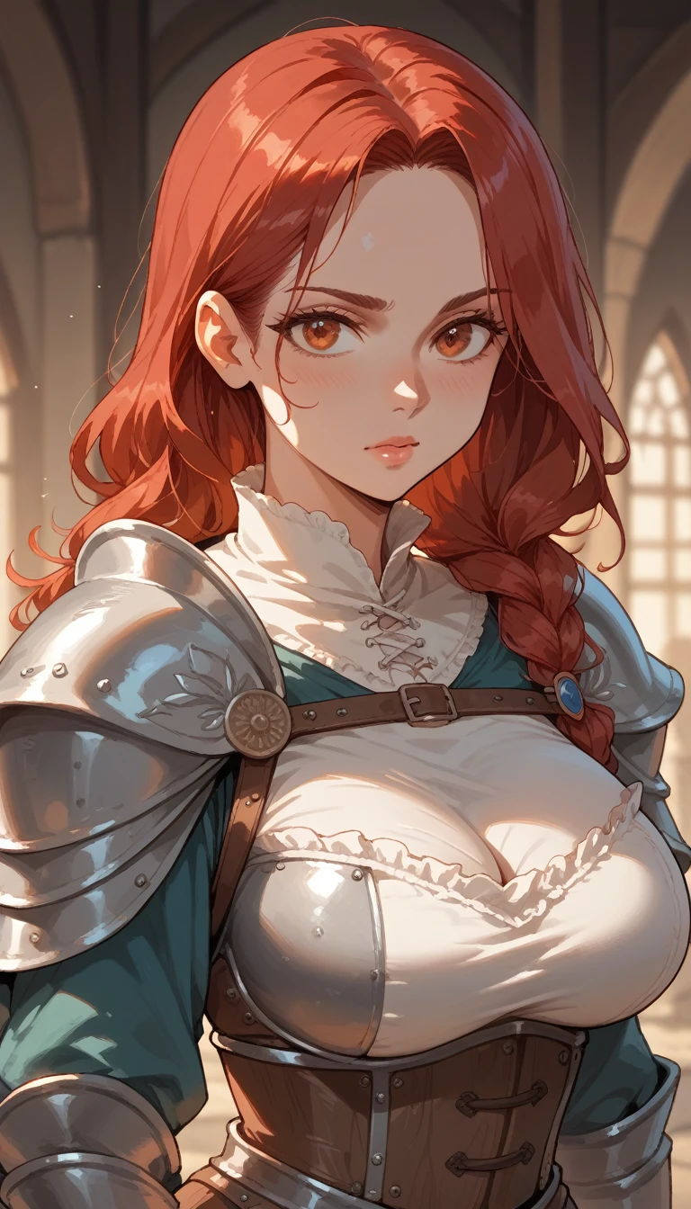 A young medieval style warrior, red hair, sexy body, armor, costume, Voluptuous bust, big breasts, straight hair 