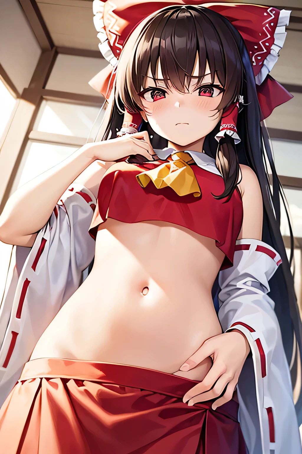 super fine illustration, vibrant colors, masterpiece, sharp focus, best quality, depth of field, cinematic lighting, ultra detailed, belly, navel, tummy, shrine maiden, hakurei reimu, 1girl, hair bow, ascot, hair tubes, detached sleeves, red shirt, red skirt, long skirt, very long hair, dark brown hair, mature woman, hakurei reimu, 1girl, hair bow, ascot, hair tubes, miko, detached sleeves, Reimu Hakurei, makeup, annoyed, indoors, hands on own stomach, 
