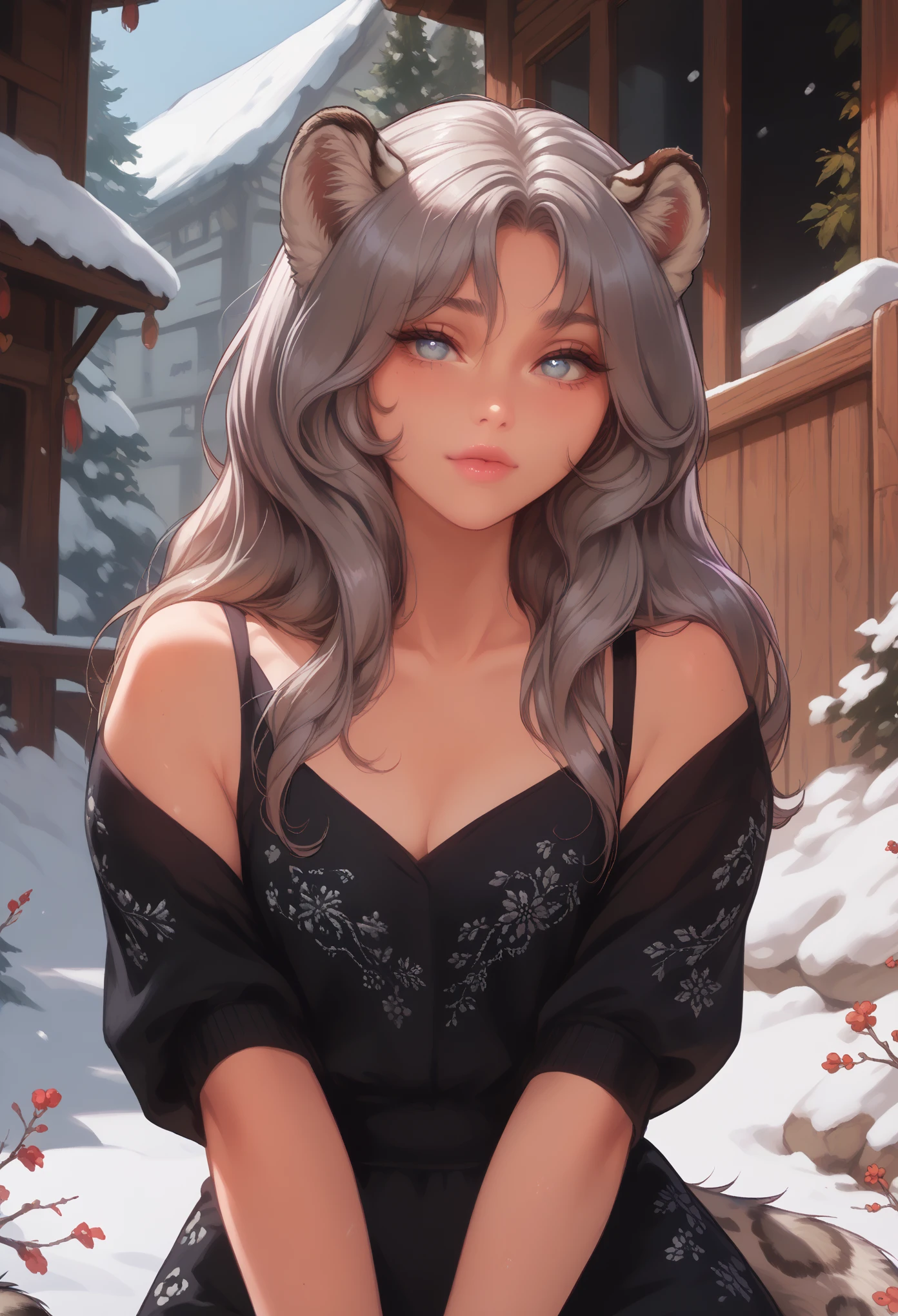 a beautiful woman, adult, snow leopard ears, snow leopard eyes, a snow leopard tail, clothes, detailed, light and shadow,
