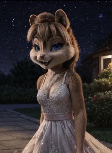 Brittany_Miller, One, chipmunk, fluffy,feminine,young ,  beautiful breasts ,fur detailing, 3d Model,  walk in the evening, Park, moon , walk under the stars, evening dress,  looks at the viewer, slight smile, sexy body , 18+, scared, panic ,light erotica, Model,  small round chest ,tail sticking out  , fluffy, (a little bit full:0.3), Cute, (small ears), (short muzzle),  long slanting bangs ,  long hair with the back on a bun clip,grey-blue eyes, eye makeup  , eyes closed , beautiful eyes, intimate,кружевное розовое intimateное платье , detailed fur, perfect teeth,slightly flirty , Beautiful Look,  outrage 