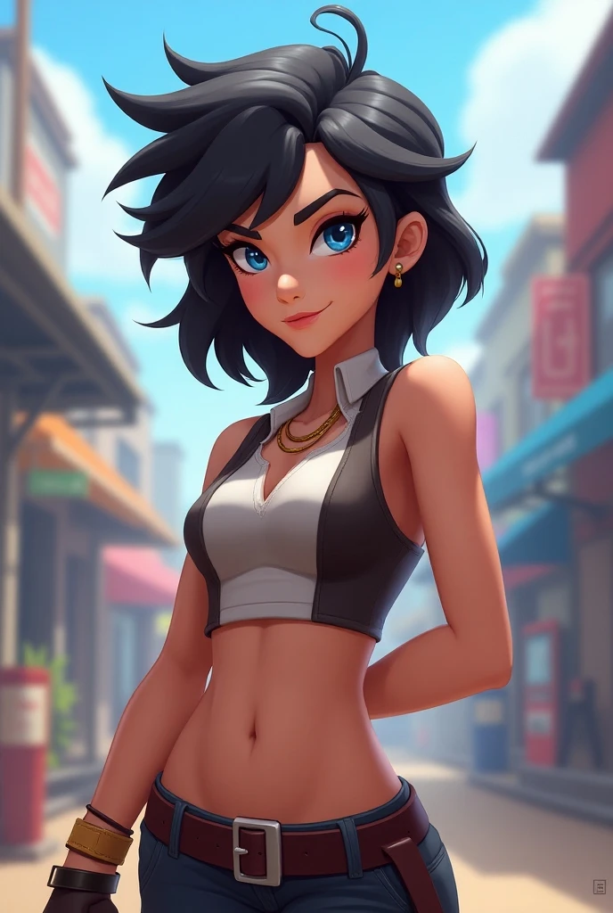 White girl, blue eyes, long black ponytail hair, big ass, micro white shorts, abs, white top, emphasis on the butt,