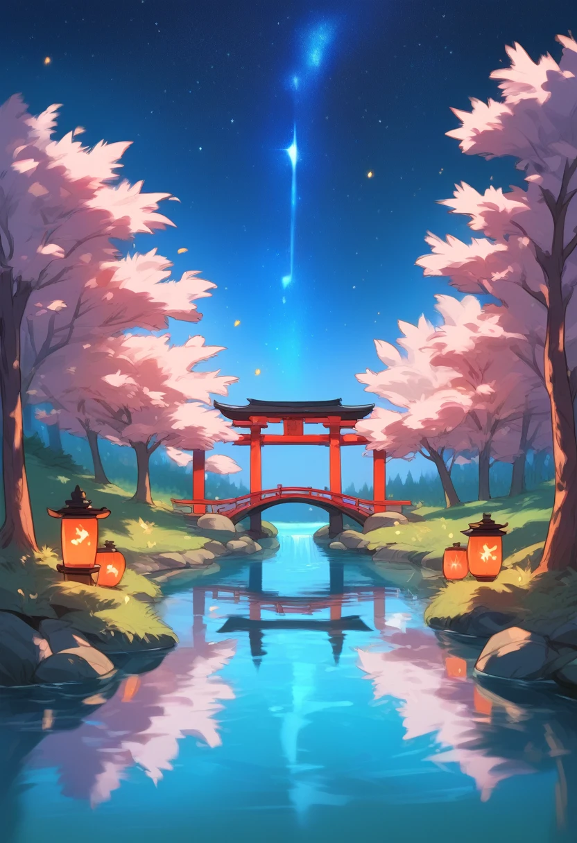 A nightscape inspired by Japanese art, with a garden lit by paper lanterns and a wooden bridge over a tranquil lake. The starry sky is reflected in the water, creating a magical environment. On the shore of the lake, there is a small Zen temple lit by candles, where people come to meditate. The leaves of the trees sway gently in the wind, creating a calm and tranquil atmosphere.