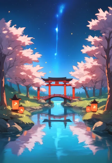 a nightscape inspired by japanese art, with a garden lit by paper lanterns and a wooden bridge over a tranquil lake. the starry ...