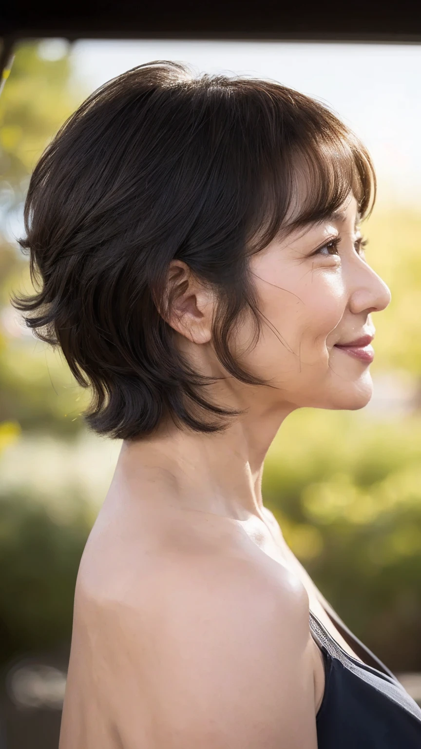 ((Best Quality)), ((8k)), ((masterpiece: 1.3)), (Perfect appearance), ( Transparent : 1.6), (And), (JAnd), (One Japanese Mature),  Perfect Anatomy, ((65 years old)), Short bangs, curly short bob hair, (The expression of a gentle smile), ((Close-up of profile)),