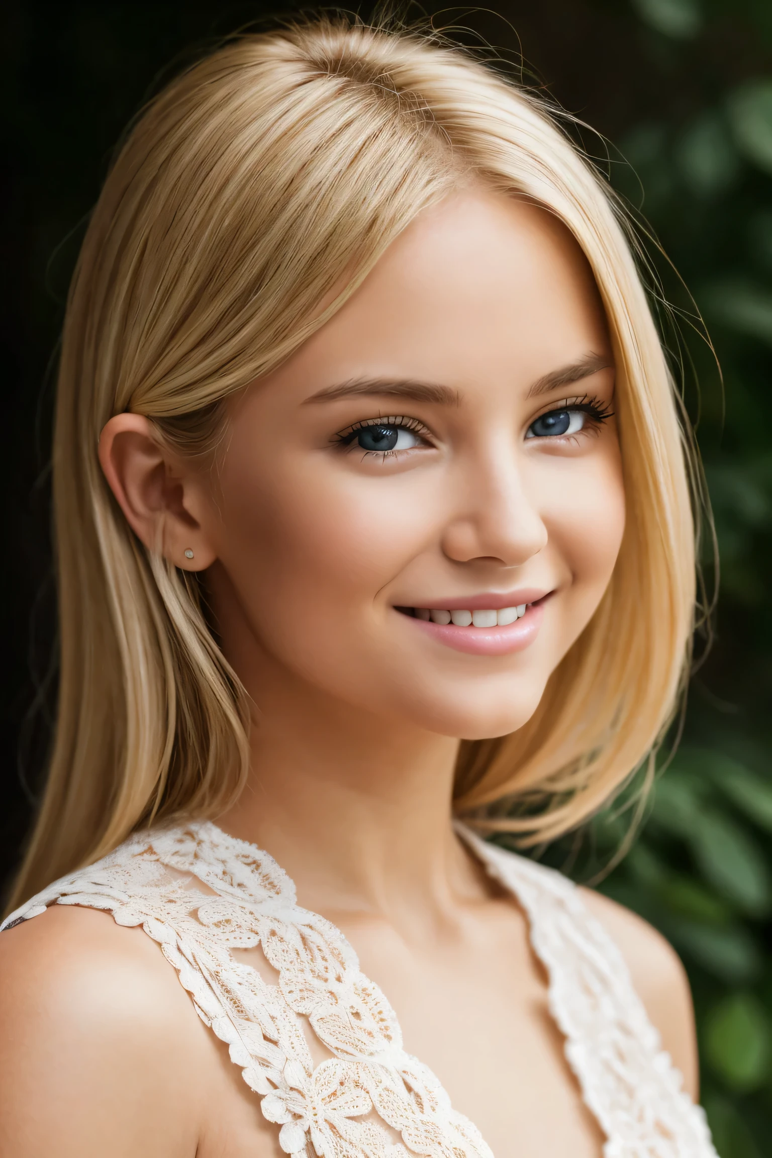 Photo of blonde girl, smiling, face, facing the viewer, thorough, simulated style, eye focus, highest quality, (very detailed skin), perfect face, baby fat, skin pores, (Bokeh: 0.6), clear focus, point lighting, (backlight: 0.7), film texture, shot on SONY A7R IV, 18mm F/1.7 film lens, (very detailed, intricate detail), 8k, HDR, front view, (upper body: 0.9)