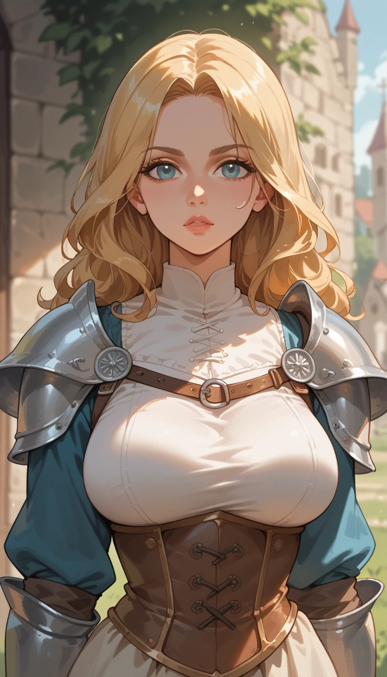 A young medieval style warrior, Blonde hair, sexy body, armor, costume, Voluptuous bust, big breasts, straight hair, Thin waist 