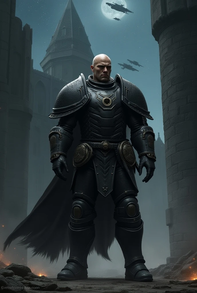 man. legs with boots. 
with armor. 
calvo. 
Without Beard. 
The background of the portrait is a dark castle, 
with spaceships. 
The sky has stars . 
Warhammer 40000 art and design.