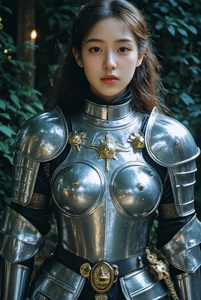 A realistic photo fantasy female knight, her face looks like a Korean movie star. The armor is made of very strong material, but it is also a very erotic armor.