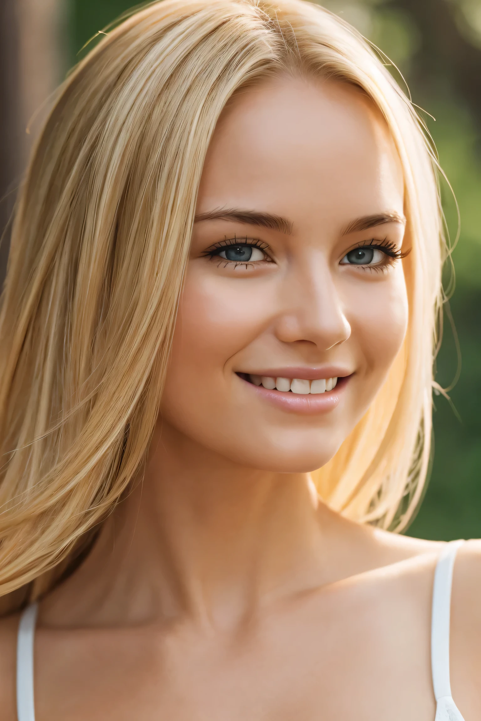 Photo of blonde girl, smiling, face, facing the viewer, thorough, simulated style, eye focus, highest quality, (very detailed skin), perfect face, baby fat, skin pores, (Bokeh: 0.6), clear focus, point lighting, (backlight: 0.7), film texture, shot on SONY A7R IV, 18mm F/1.7 film lens, (very detailed, intricate detail), 8k, HDR, front view, (upper body: 0.9)