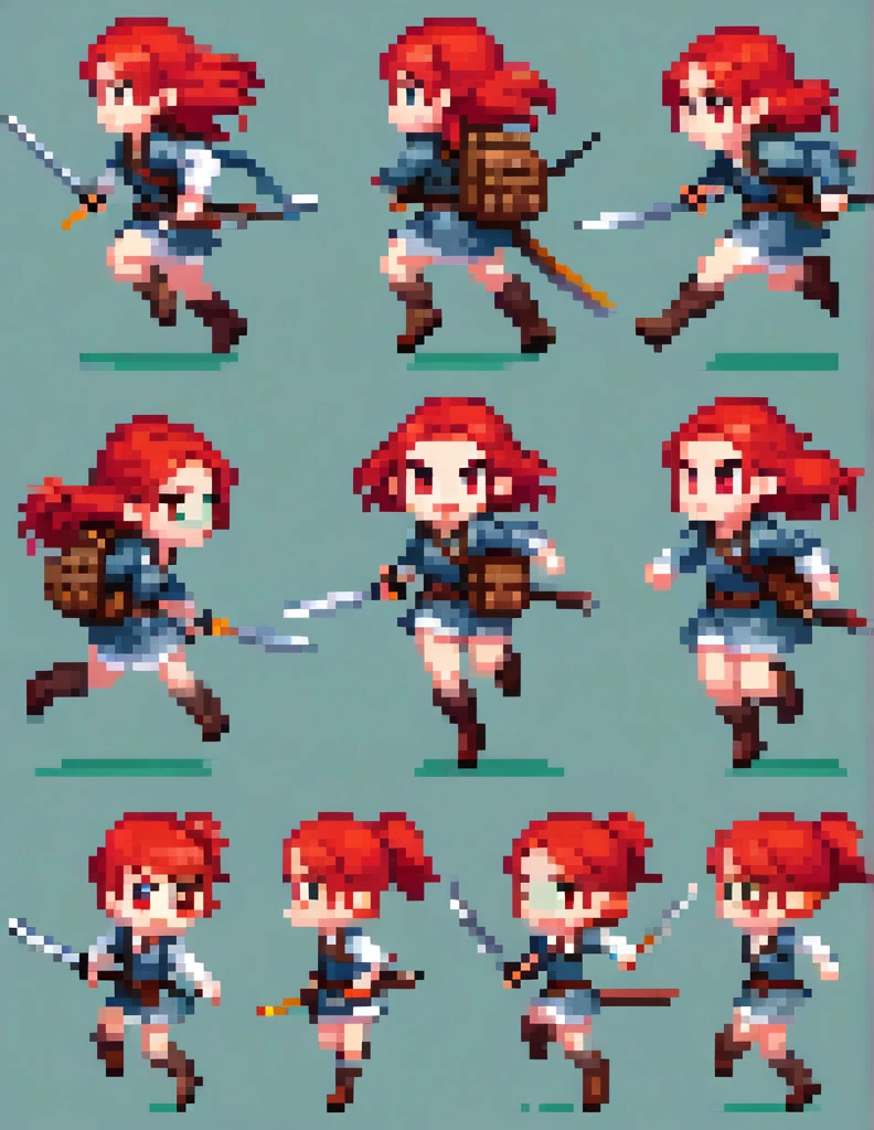  creates a sprite sheet for character animation that contains movement frames., running, Jump, Sword Attack, Spear Attack ,  and Bow Attack .  However, the character is a girl with red hair , white skin,  and red eyes and has a small backpack on her back . 