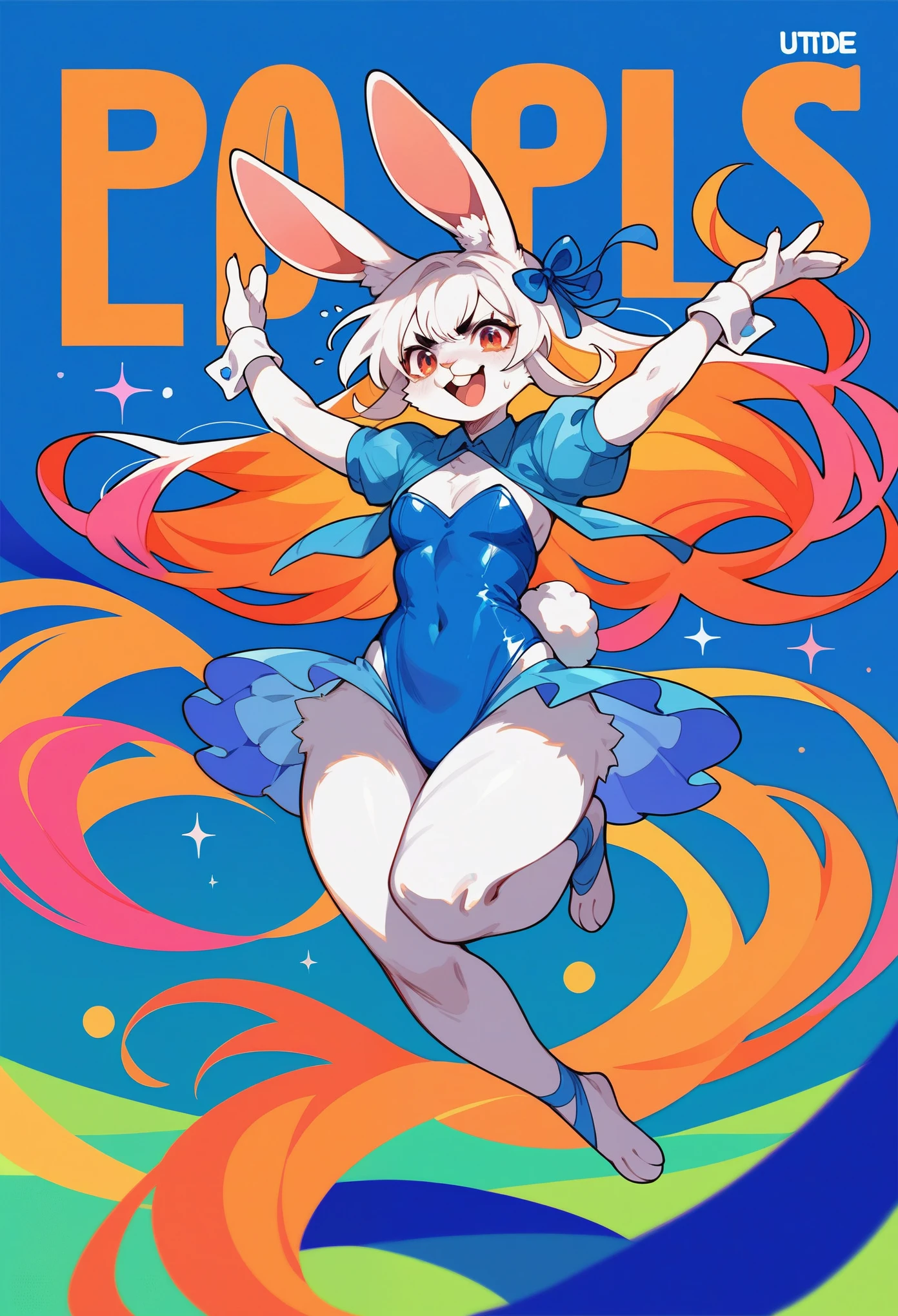 rating_safe, score_9, score_8_up, score_7_up, score_6_up, score_5_up, score_4_up, hires, source_furry, spring outfit, colorful hair, outdoor, magazine cover, dancing, furry girl(rabbit Facial Features, rabbit Body Features)jumping, flowing colorful ribbon, Flying sweat, serious expression, joyful smile,