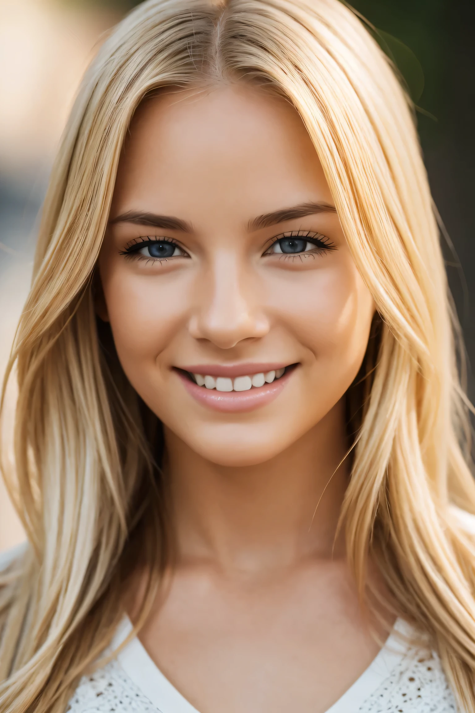 Photo of blonde girl, smiling, face, facing the viewer, thorough, simulated style, eye focus, highest quality, (very detailed skin), perfect face, baby fat, skin pores, (Bokeh: 0.6), clear focus, point lighting, (backlight: 0.7), film texture, shot on SONY A7R IV, 18mm F/1.7 film lens, (very detailed, intricate detail), 8k, HDR, front view, (upper body: 0.9)