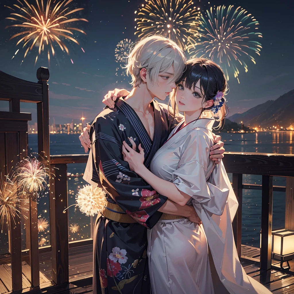 最 HD ,  HD , 超 HD , 【8k, masterpiece, detailed, extremely detailed, insanely detailed, ultra detailed,   Ultra High Resolution  ,Beautiful, Bright Images, movie experience ,,realistic,realistic,Super realistic,Bright,Original photo, Captured with Digital Single Eye Camera, (fireworks),  Two Men Kissing , yukata