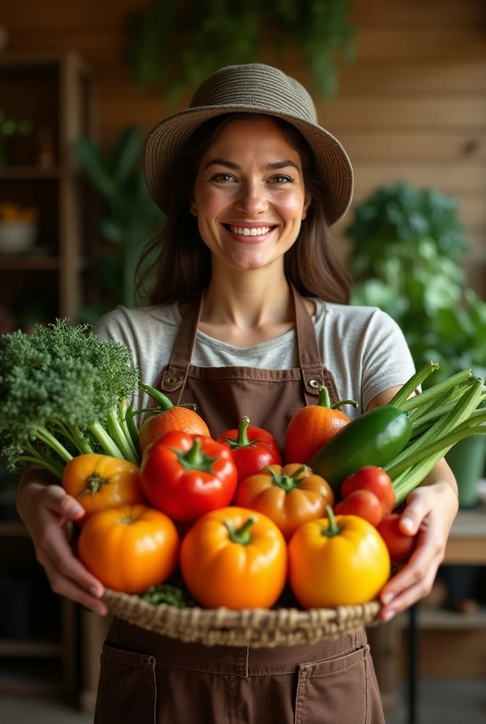 Most detailed, Perfect appearance, plus size Woman growing tomatoes in the garden, , Ripe tomatoes, yellow background.