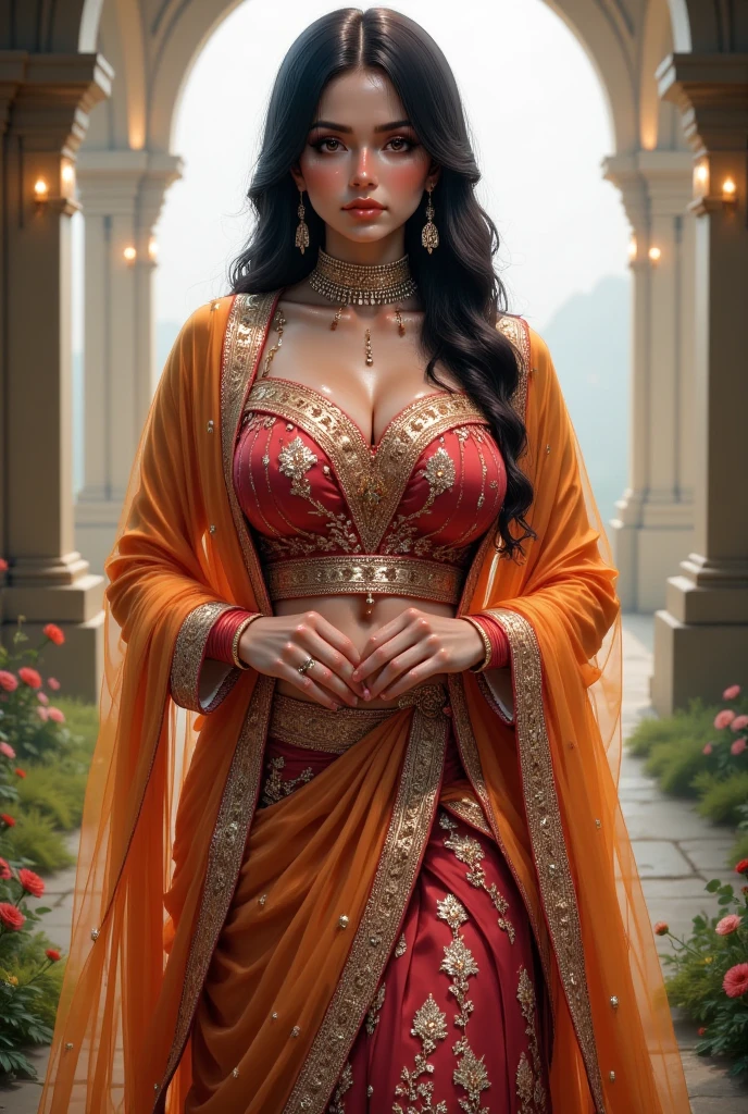 Realistic, Indian woman, wearing a Lehenga, big boobs