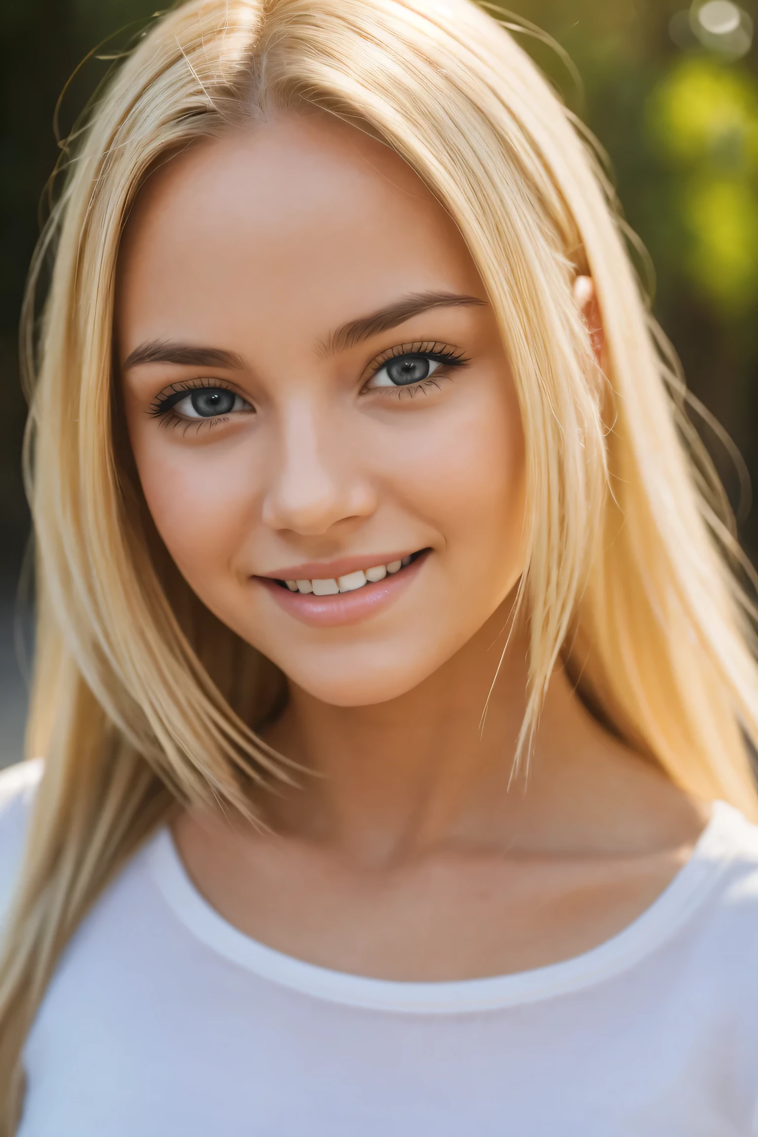 Photo of blonde girl, smiling, face, facing the viewer, thorough, simulated style, eye focus, highest quality, (very detailed skin), perfect face, baby fat, skin pores, (Bokeh: 0.6), clear focus, point lighting, (backlight: 0.7), film texture, shot on SONY A7R IV, 18mm F/1.7 film lens, (very detailed, intricate detail), 8k, HDR, front view, (upper body: 0.9)