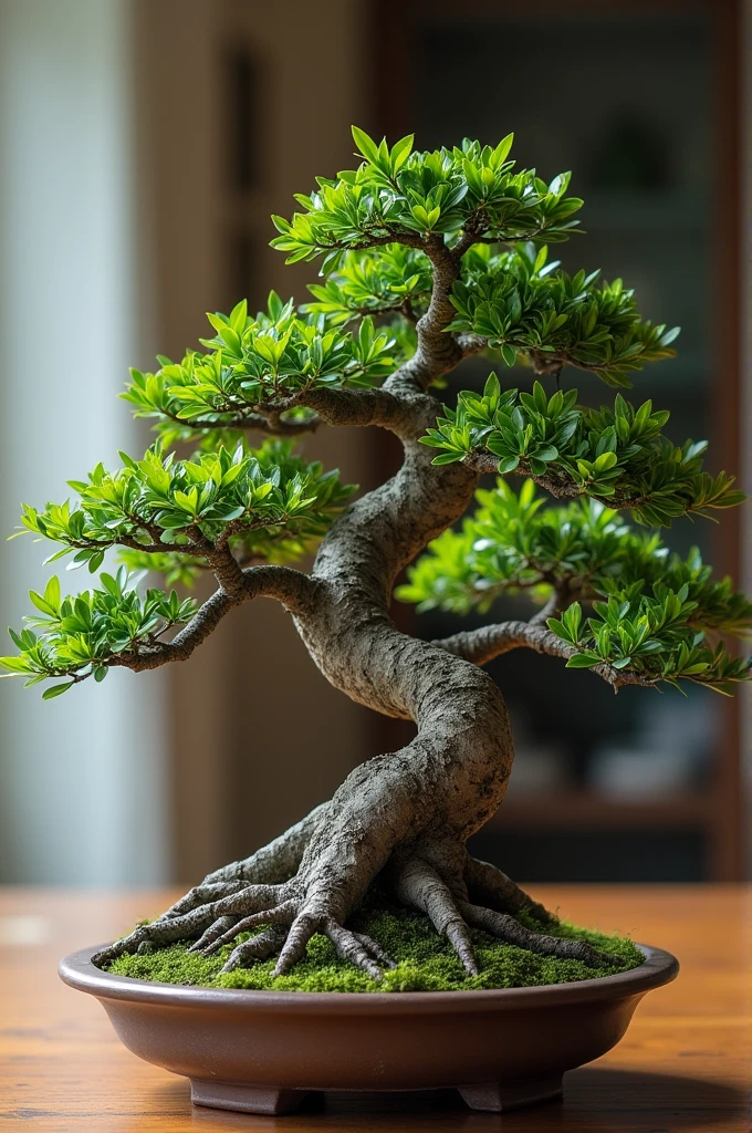 Miniature bonsai placed on the table sunlight shines through the window