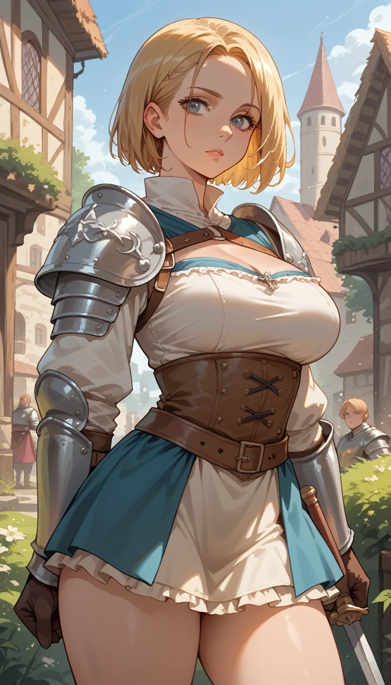 A young medieval style warrior, Blonde hair, Short hair shaved on the side, sexy body, armor, costume, Voluptuous bust, big breasts, straight hair, Thin waist, Short skirt, thighs 