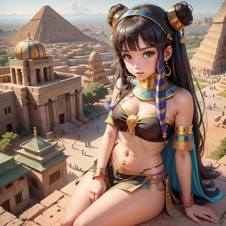 Cute Ancient Egyptian Girl、A hill overlooking the colorful temples of ancient Egypt、A colorful view of the whole city