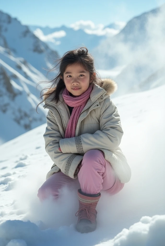 Japanese elementary school girl, off-shoulder, sweet expression, winter, Kluane National Park, Canada, snowy field
