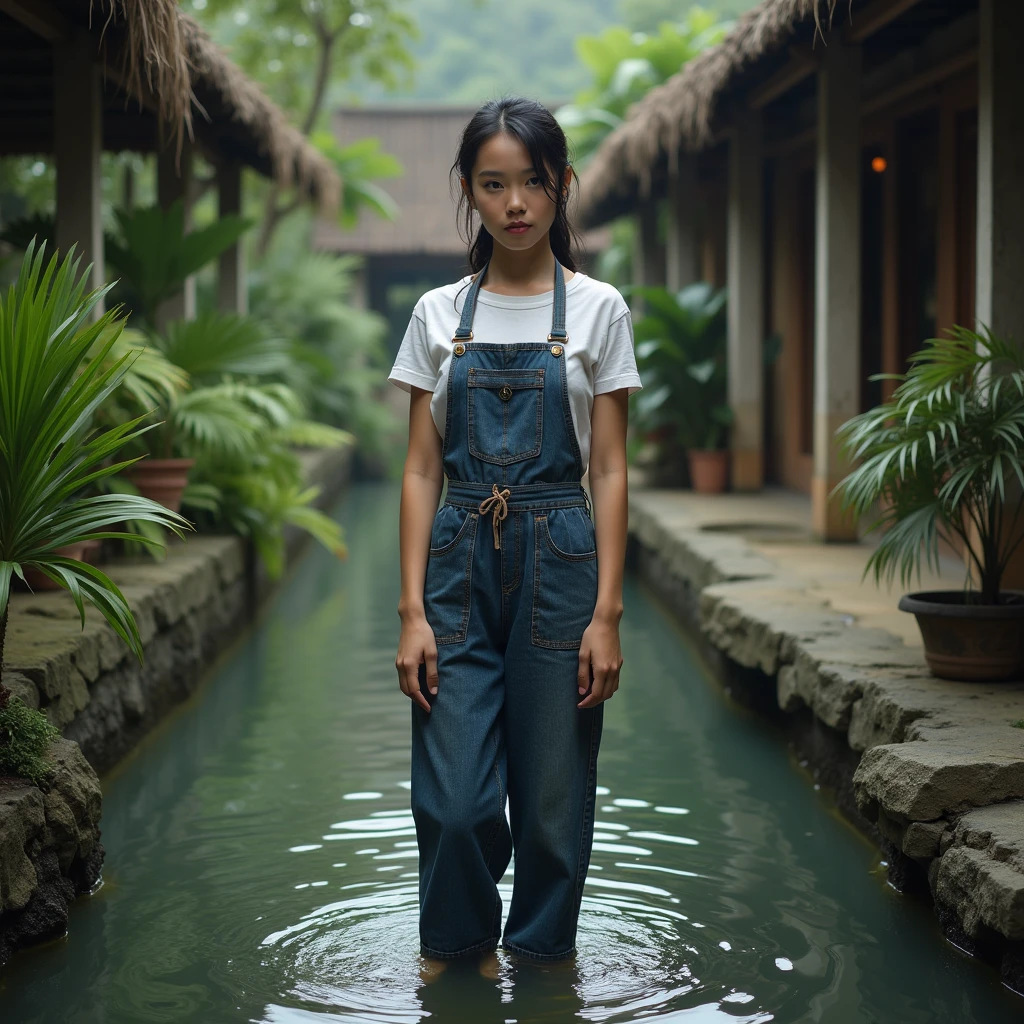Thai girl in the river, washing clothes,