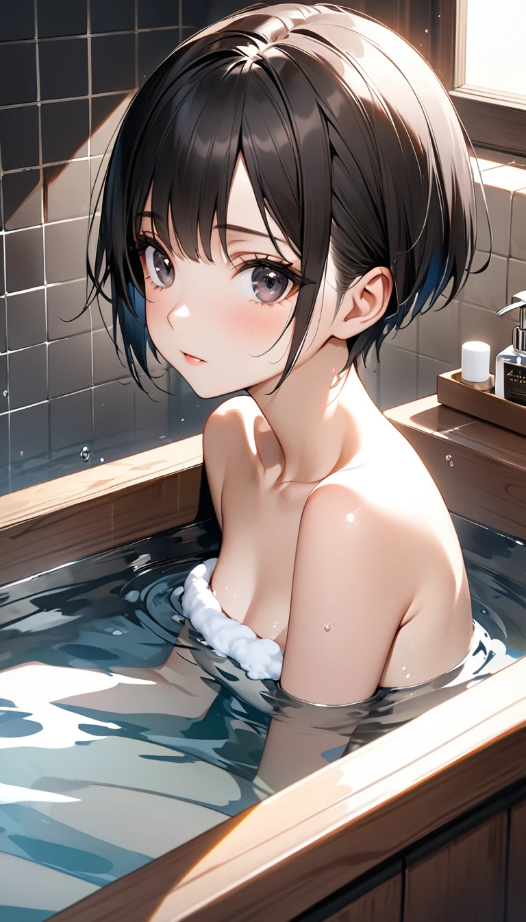 Smiling girl in cypress tub,  Boldly open your legs、Lying face down in the bathtub　buttocks visible　Wistful eyes　Black hair, 20 years old young, Asian Woman,  (Realistic:1.3), (Photorealistic:1.3), Ultra-detailed, (highdetailskin:1.2), 8K UHD, Digital SLR, Soft lighting, High quality