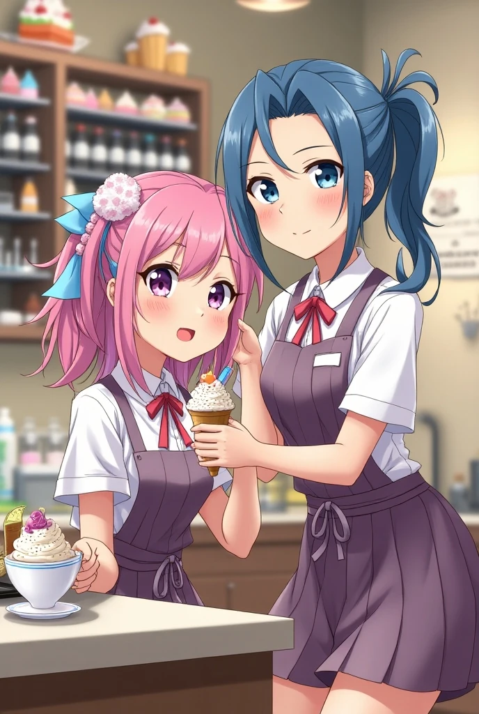 masterpiece, handdraw, Pop illustrations, Pop colors, PastelColors, colourfull, 2 Girl, hi-school girl, Chibi, After school,Eat while walking, Triple Scoop Ice Cream , Ice Cream Tower, Sounds like fun,